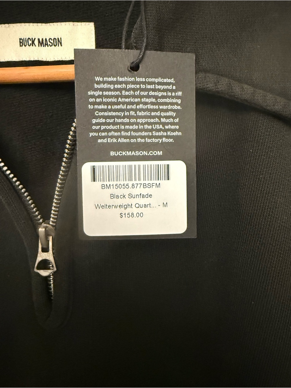 Buck Mason NWT Welterweight Quarter-Zip Sweatshirt in “Black Sunfade” - Picture 6 of 11